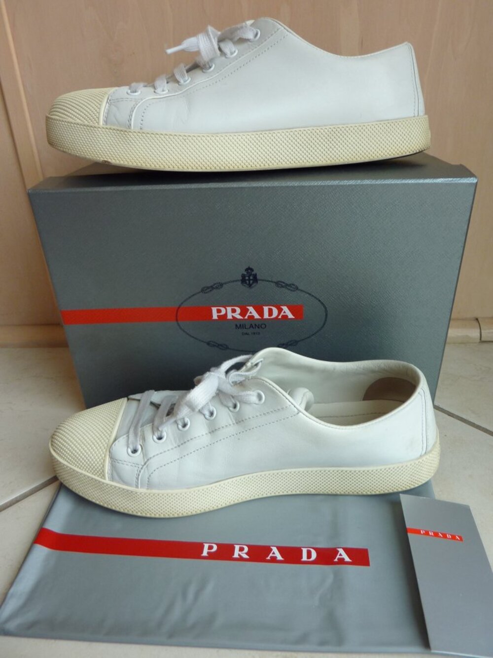 PRADA Womens Linea Rossa Cap Toe White Leather Sneakers Shoes SZ 40.5 Box, Bag